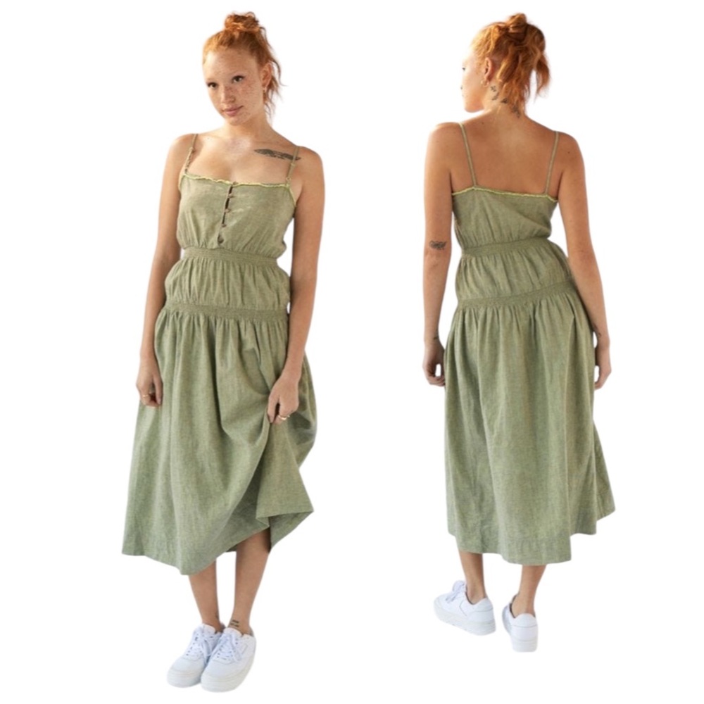 NWT Urban Outfitters  Ella Linen Blend Tiered Dropped Waist Midi Dress Size M